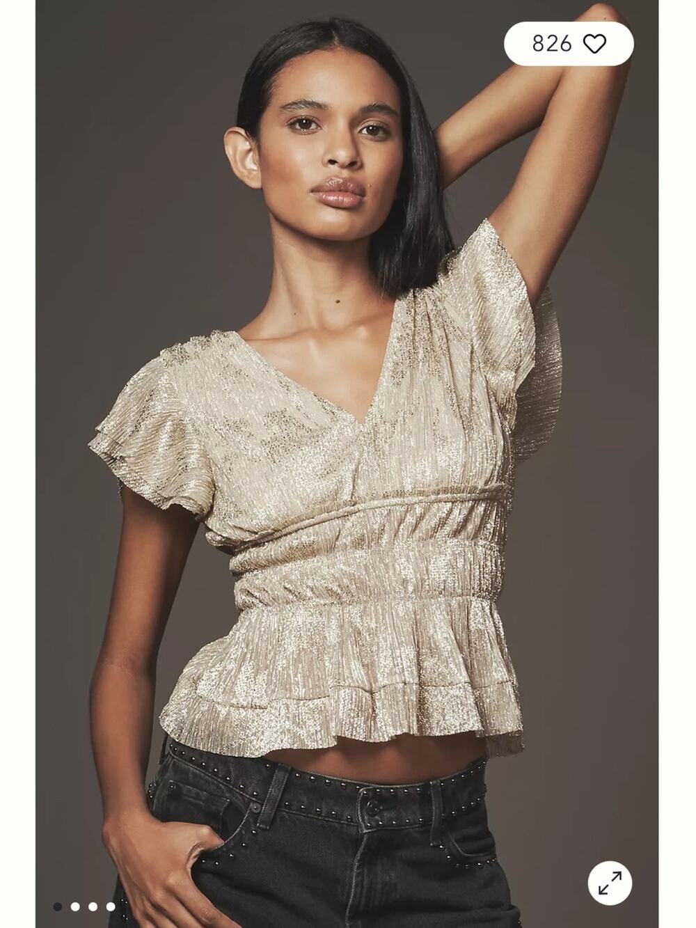 Anthropologie Smocked Metallic Gold
Short-Sleeve Top -